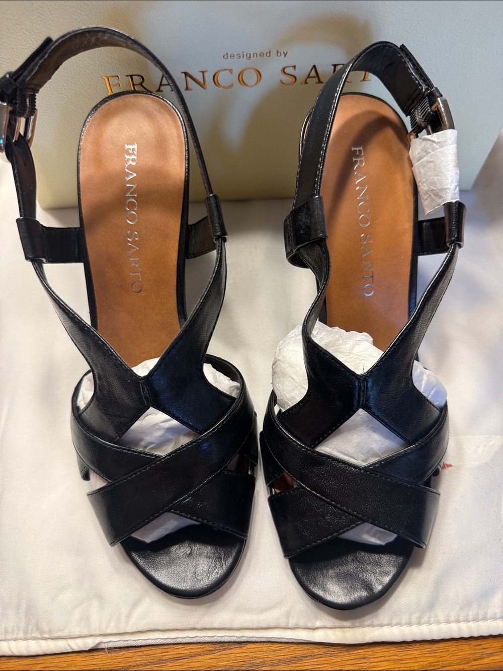 Franco Sarto Black Leather Crisscross Slingback Heels